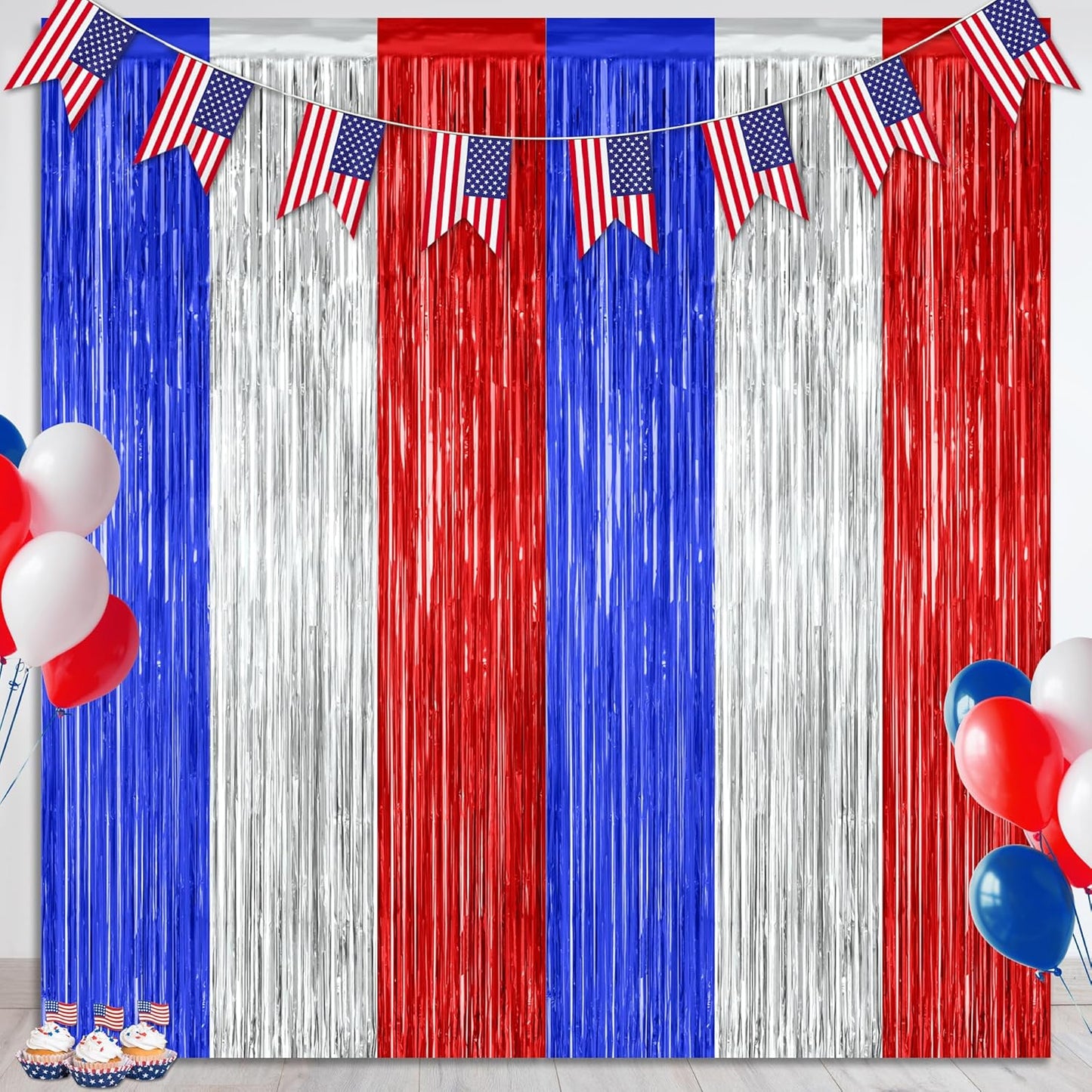2 Pack 4th of July Party Supplies, 3.28 FT x 7.05 FT 4th of July Tinsel Backdrop, Blue Silver Red Color Fringe Curtains Streamer Backdrop, 4th of July Photo Backdrop Party Decorations