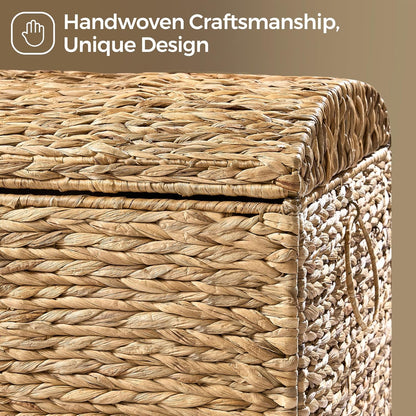 Handwoven Storage Basket with Lid, 178L Wicker Storage Bin, Natural Water Hyacinth, Leather Buckle & Metal Frame, Metal Ring Handles for Easy Transport, Storage Chest & Trunk for Bedroom, Living Room