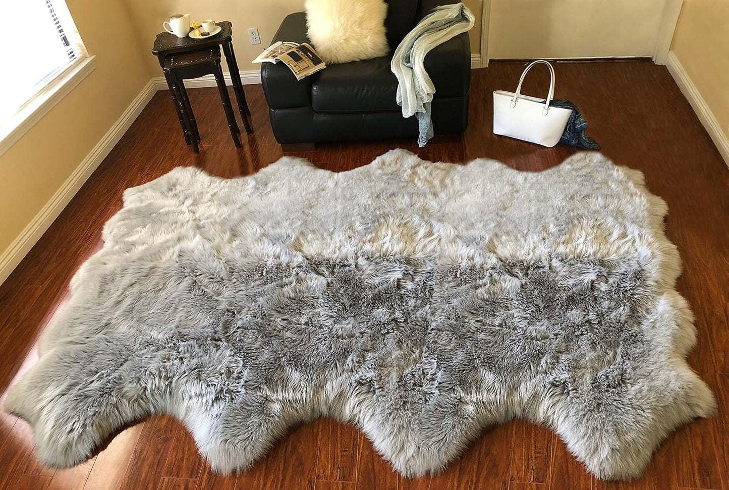 LAMBZY Faux Sheepskin Hypoallergenic Free Shape Silky Shag Rug, Luxury Shaggy Silky Plush Carpet for Bedrooms Rugs Living Room Kids Rooms Sofa Floor Rugs (Octo 8 Pelts 6'x8', 180x240cm, Grey)