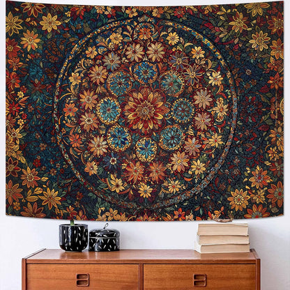Fowocu Boho Floral Mandala Tapestry Wall Hanging Vintage Bohemian Flower Medallion Tapestry Aesthetic Orange Stained Glass Hippie Tapestries for Bedroom Living Room Dorm Decor 60 x 44 Inch