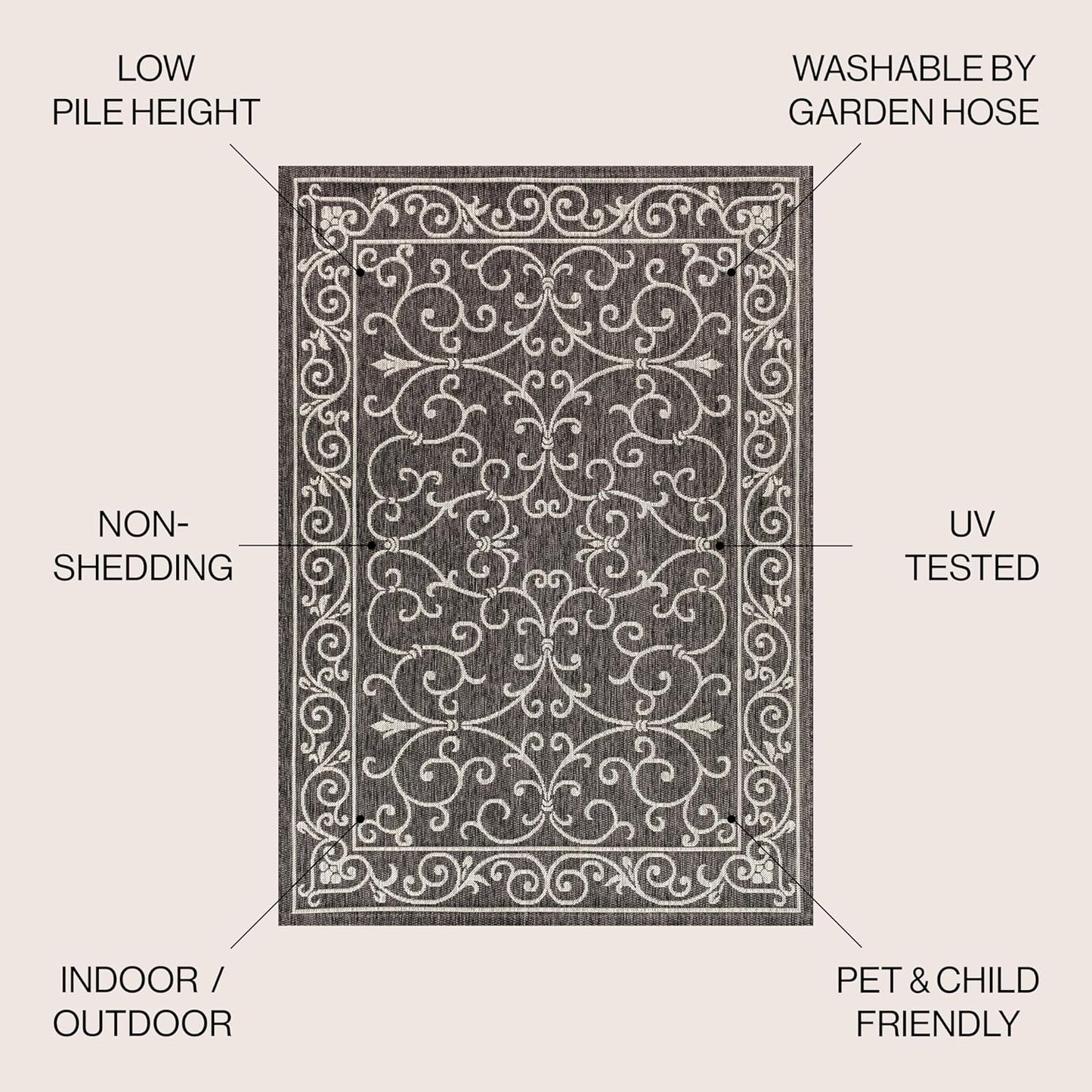 JONATHAN Y Vintage Filigree Indoor Outdoor Round Area Rug 9 Ft Black/Gray, Charleston Textured Weave for Backyard, Patio, Porch, Easy-Cleaning, High Traffic, Pet-Friendly, Non-Shedding (SMB106G-9R)