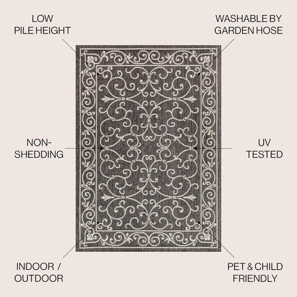 JONATHAN Y Vintage Filigree Indoor Outdoor Round Area Rug 9 Ft Black/Gray, Charleston Textured Weave for Backyard, Patio, Porch, Easy-Cleaning, High Traffic, Pet-Friendly, Non-Shedding (SMB106G-9R)