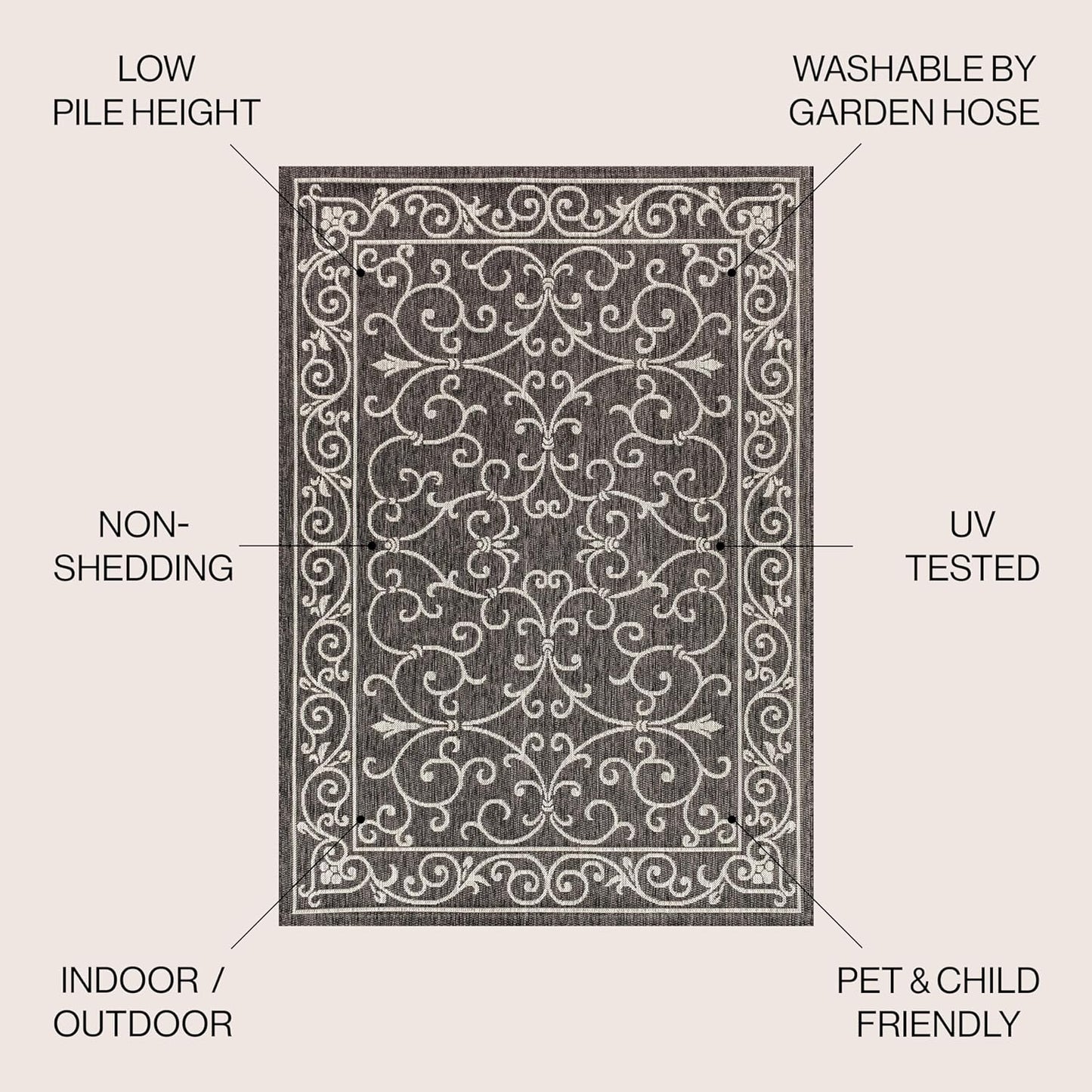 JONATHAN Y Vintage Filigree Indoor Outdoor Area Rug 8X10 Black/Gray, Charleston Textured Weave for Backyard, Patio, Porch, Easy-Cleaning, High Traffic, Pet-Friendly, Non-Shedding (SMB106G-8)