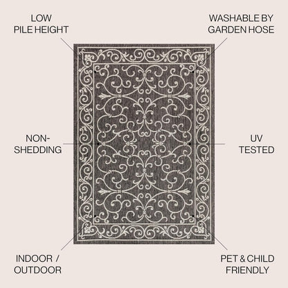 JONATHAN Y Vintage Filigree Indoor Outdoor Square Area Rug 8X8 Black/Gray, Charleston Textured Weave for Backyard, Patio, Porch, Easy-Cleaning, High Traffic, Pet-Friendly, Non-Shedding (SMB106G-8SQ)
