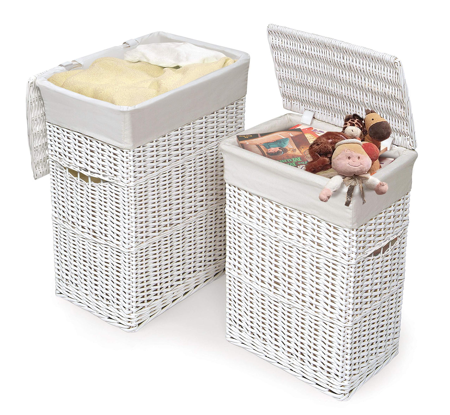Badger Basket Wicker Nursery Laundry Hampers Set of 2 with Lids and Washable Liners – Large Durable