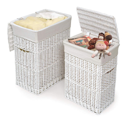 Badger Basket Wicker Nursery Laundry Hampers Set of 2 with Lids and Washable Liners – Large Durable