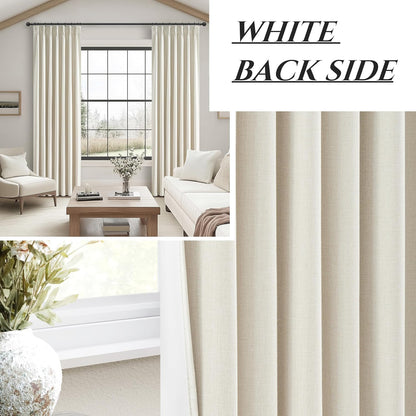 Warm Cream Insulated Thermal Textured Pinch Pleated Cafe Short Curtains 45 Inch Length,Blackout Drapes Flax Linen 2 Panels Set Bathroom/Basement/Kitchen Curtain for Small Half Window Light Beige