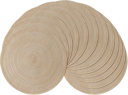 Leetaltree Round Placemats Heat and Slip Resistant Cotton Table Mats, Washable Bohemian Placemats for Dining Tables (Beige, Set of 12)