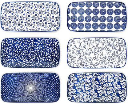 Selamica Ceramic Serving Platters, 12 Inch Serving Trays for Party Entertaining, Large Rectangular Serving Plates for Food, Set of 6, Vintage Blue