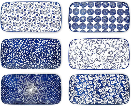 Selamica Ceramic Serving Platters, 12 Inch Serving Trays for Party Entertaining, Large Rectangular Serving Plates for Food, Set of 6, Vintage Blue
