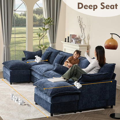 142.5" U Shaped Couch, Modular Sectional Sofa, 3-Seater Comfy Cloud Couch with Movable Ottoman, Deep Seat Couches for Living Room, Chenille, Navy