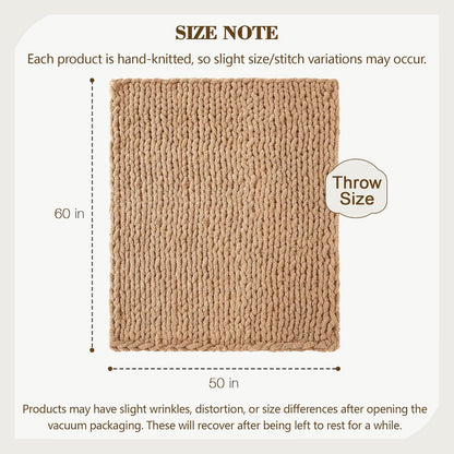 Carriediosa Chunky Knit Throw Blanket 50" X 60", 100% Hand Made Large Chenille Loop Yarn Soft Fluffy Throws for Couch Sofa Bed, Big Crochet Cozy Heavy Thick Cable Woven Blankets, Tan Brown