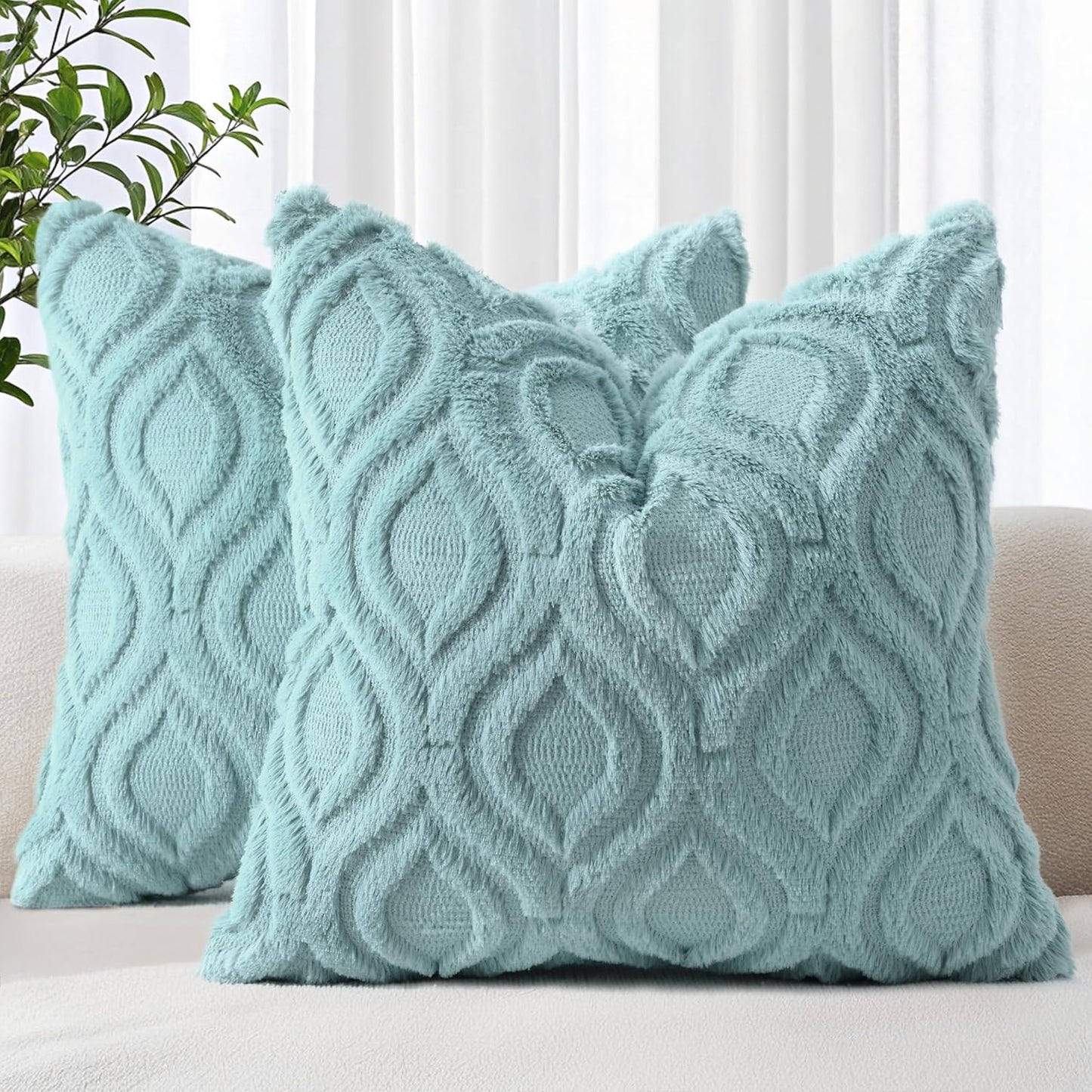 decorUhome Fall Throw Pillow Covers 16x16 Inch Set of 2, Soft Plush Decorative Faux Fur Aqua Solid Couch Pillow Covers, Accent Farmhouse Neutral Square Euro Pillow Cases for Sofa Bed Living Room