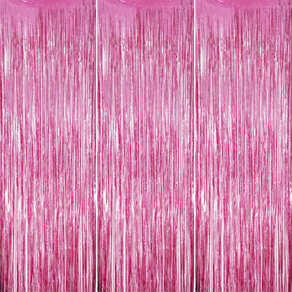3 Pack Foil Fringe Backdrop - Pink Shiny Tinsel Curtains for Party Decoration/Photo Booth Props - 3.3x8.2 FT Metallic Foil Backdrop for Birthday, Wedding, Graduation, Christmas.