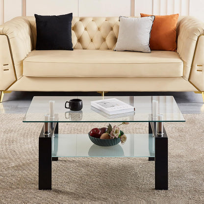 Glass Coffee Table for Living Room, 2 Layer Center Table with Clear Rectangle Tempered Glass Top Black Metal Leg, Mordern Home Office Furniture