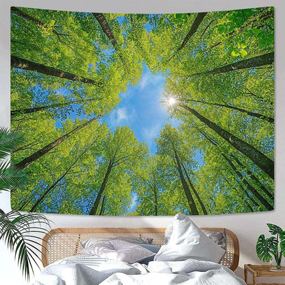 AMM Nature Forest Tree Celling Tapestry Lush Green Treetops Sunlit Tapestry for Bedroom Aesthetic Sky Sunlight Canopy Leaves Landscape Tapestries Wall Hanging for Living Room Dorm Office 90 x 68 Inch