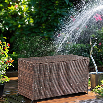 HOMREST Large Deck Box, Outdoor Wicker Storage Container with 70 Gallon, Patio Rattan Furniture for Garden Tools, Pillows, Pool, Brown