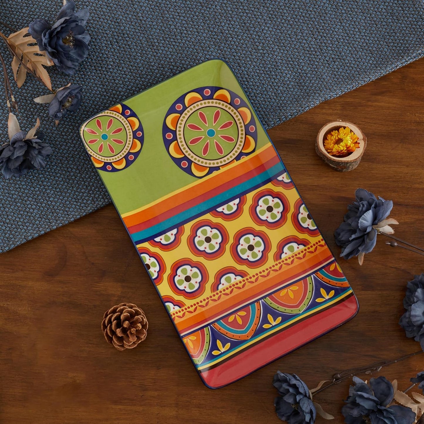 Bico Tunisian Ceramic 14 inch Rectangular Serving Platter, Set of 2, for Serving Salad, Pasta, Cheese, Ham, Appetizer, Microwave & Dishwasher Safe