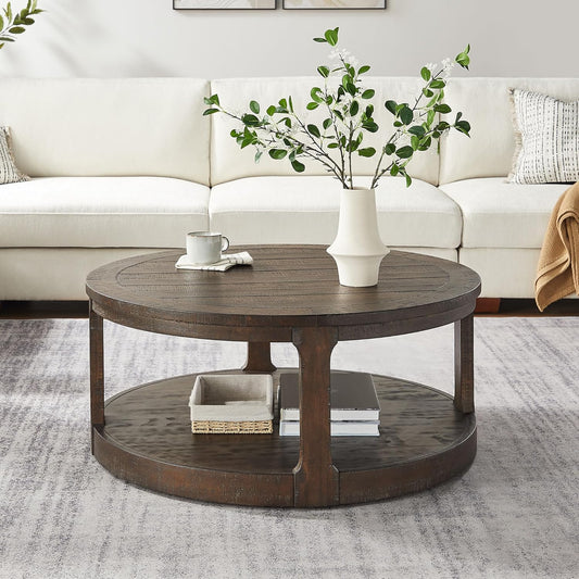 WILLIAMSPACE 40" Round Coffee Table with Wheels, Circle 2 Tier Solid Wood Center Coffee Table, Mid
