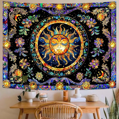 Lunerfex Sun Tapestry Stained Glass Tapestry Wall Decor Tapestries for Bedroom Boho Tapestries Wall Hanging for Bedroom Living Room Glass-Sun-01 70"x90"