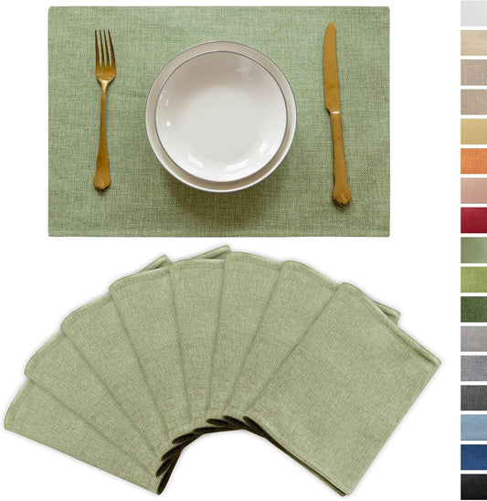 Demetex Cloth Green Placemats Set of 8 Heat Resistant Table Plate Mat Washable Linen Placemat for Kitchen Dining Tables, 13x19 inch, Grass Green