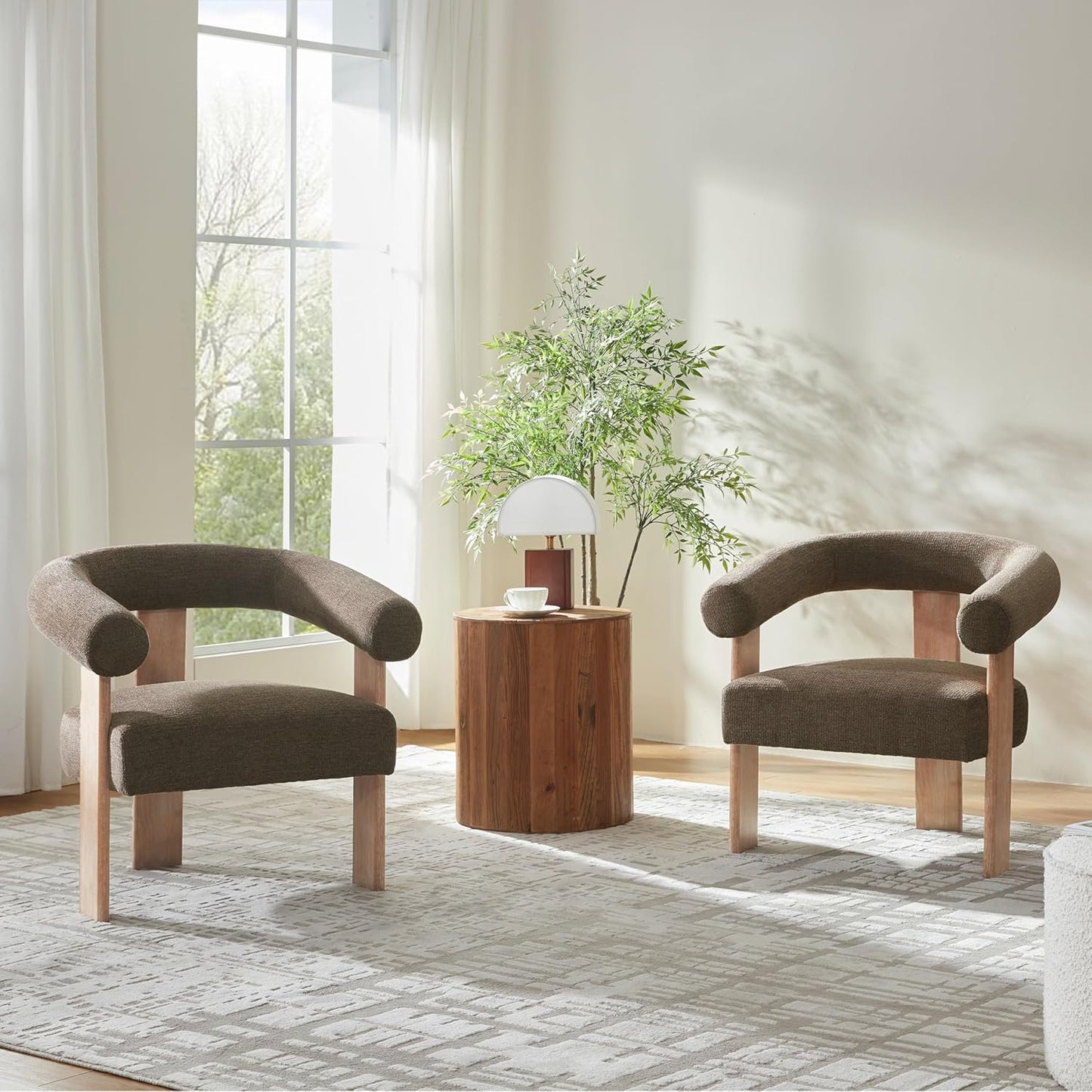 VKNOW Accent Chair Living Room Chair, Modern Upholstered Armchair with Solid Wood Legs, Comfy Barrel Arm Chairs for Living Room Bedroom, Brown
