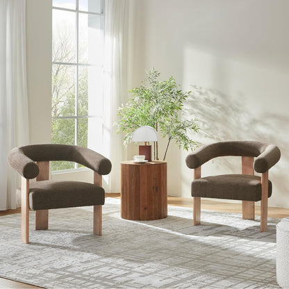 VKNOW Accent Chair Living Room Chair, Modern Upholstered Armchair with Solid Wood Legs, Comfy Barrel Arm Chairs for Living Room Bedroom, Brown