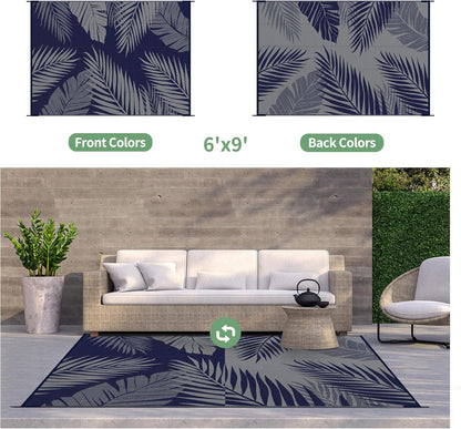 GENIMO Outdoor Rug 6' x 9' Waterproof for Patios Clearance, Reversible Outdoor Plastic Straw Camping Rug Carpet, Large Area Rugs Mats for RV, Camper, Deck, Balcony, Porch, Beach, Picnic Navy Blue&Grey