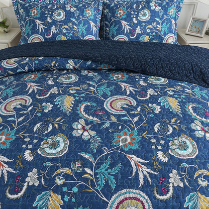 NEWLAKE Quilt Set Queen Size, Bedspread Sets Blue Botanical Floral Patterns, Reversible Quilt Bedding Set Lightweight and Breathable for All Seasons, Soft Quilted Bedspread with 2 Pillow Shams