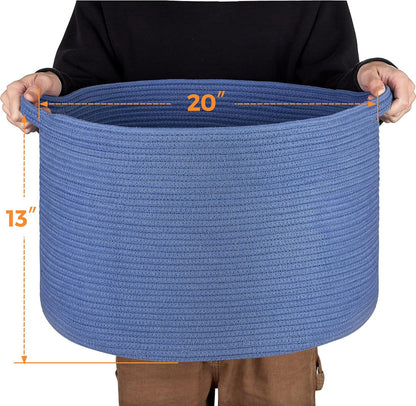 Ravinte Blanket Basket - 20"x 20"x 13" Cotton Rope Basket for Living Room, Baby Toy Storage Basket, Large Woven Laundry Basket (Blue)