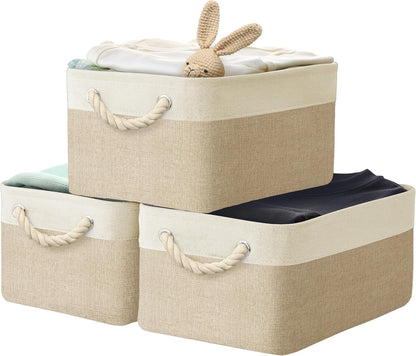 SIMPLE HOUSEWARE Large Fabric Storage Bin, 15.7" x 12" with Braided Handles, 3 Pack, Beige
