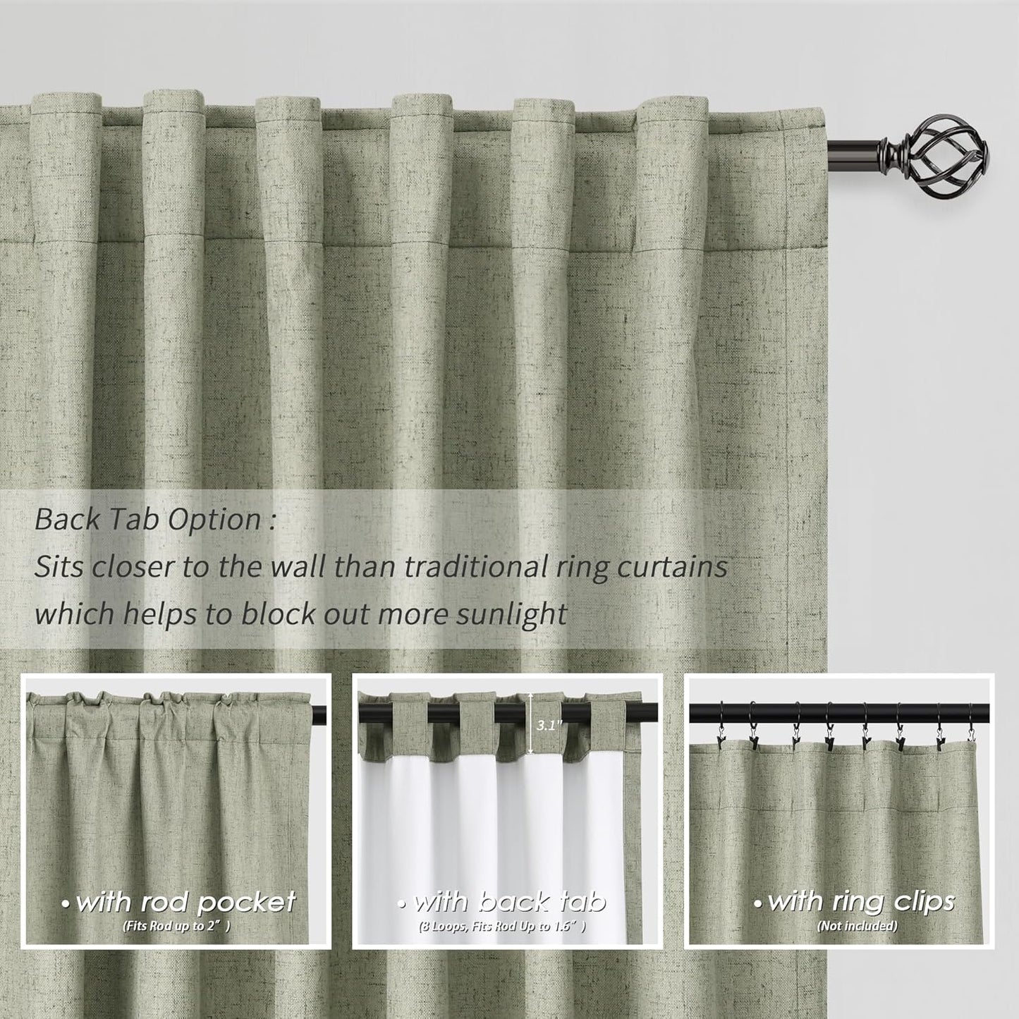 BOODII Sage Green Darkening Curtains 96 Inches Long for Living Room Back Tab Blue Blackout Curtains Neutral Aesthetic Linen Textured Thermal Insulated Black Out Curtain Light Blocking Drapes Nursery