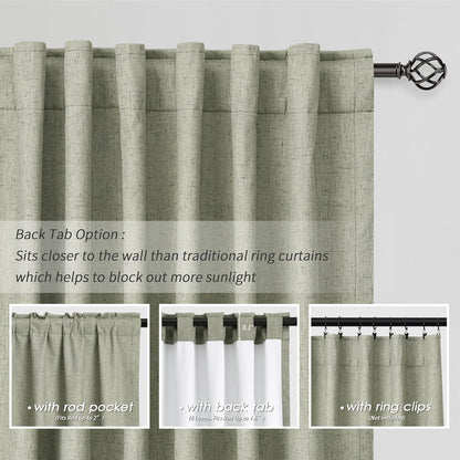 BOODII Sage Green Linen Blackout Curtains Thermal Insulated 120 Inch 100% Complete Black Out Window Curtains Back Tab Linen Textured Neutral Farmhouse Living Room Darkening Drapes High Ceiling Length