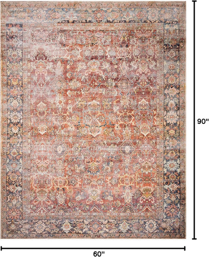 Loloi Layla Collection LAY-02 Spice/Marine 5'-0" x 7'-6" .13" Thick Area Rug, Soft, Durable, Vintage Inspired, Distressed, Low Pile, Non-Shedding, Easy Clean, Printed, Living Room Rug