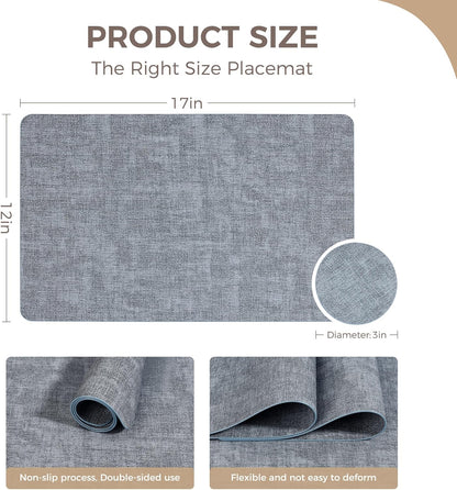 Vinyl Placemats Set of 4, Faux Leather Waterproof and Heat Resistant Place Mats, Washable Anti-Slip Table Mats with Coaster, Wipeable Placemats for Indoor & Outdoor 17" x 12" (Light Blue, Set of 4)