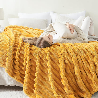 NEWCOSPLAY Super Soft Throw Blanket Mustard Yellow Premium Silky Flannel Fleece 3D Ribbed Jacquard Lightweight Bed Blanket All Season Use (Mustard Yellow Ribbed, Throw(50"x60"))