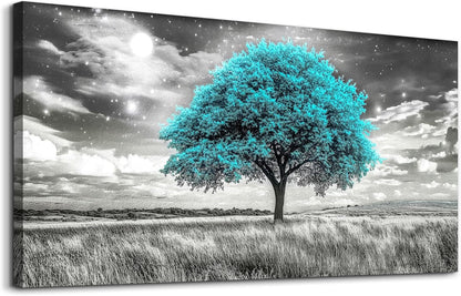 KELIYUAN Large Canvas Wall Art For Living Room Wall Decor For Bedroom Corridor Blue Tree Natural Scenery Full Of Stars Black And White Modern Printing Dining Room Kitchen Home Decoration 30 "X 60"