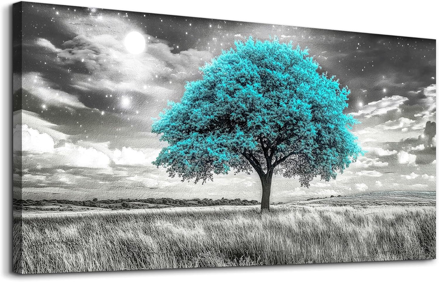 KELIYUAN Blue Tree Wall Artist Decorated Painting Full Of Stars Black And White Oil Painting Modern Print Canvas Aesthetics Living Room Decoration Bedroom Bathroom Office Wall Decoration 24 X 48 In