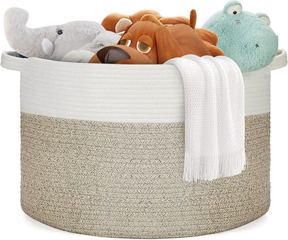 Ravinte Blanket Basket - 20"x 20"x 13" Cotton Rope Basket for Living Room, Baby Toy Storage Basket, Large Woven Laundry Basket (White-Light Brown)