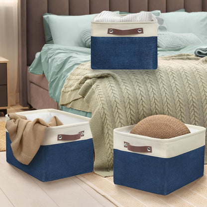 SIMPLE HOUSEWARE Large Fabric Storage Bin, 15" x 11" with Leather Like Handles, 3 Pack, Steel Blue