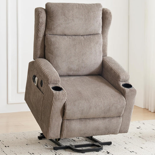 Lift Recliner Chair for Adults with Massage and Heating, Power Lift Recliner Chairs for Elderly, Corduroy Fabric Reclining Chair with USB &Type-C Port, Cup Holders, L6111 (Khaki)