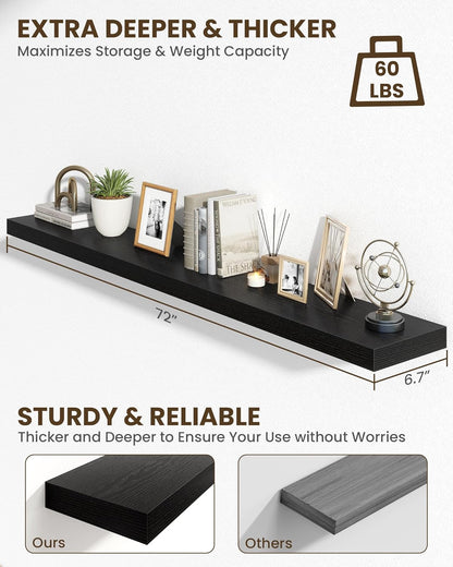 Marsmiles 72" Floating Shelves for Wall, Wooden Shelves with Invisible Brackets Set of 2, Rustic Farmhouse Wall Mounted Shelf for Kitchen Bathroom Living Room Study, Black
