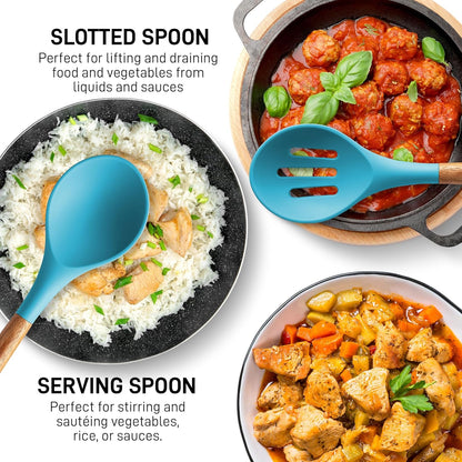 Zulay Kitchen Non-Stick Cooking Utensils Set with Authentic Acacia Wood Handles – 5-Piece Durable & Stylish Silicone Kitchen Utensils Set – Heat Resistant to 464°F – Blue