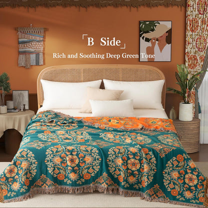 Boho Throw Blanket Full Size, Extra Large Soft Cozy Cotton Muslin Quilt Blanket for Bed Decor, Floral Patterned Couch Sofa Chair Cover, Vintage Farmhouse Cottage Woven Blanket, Orange&Green