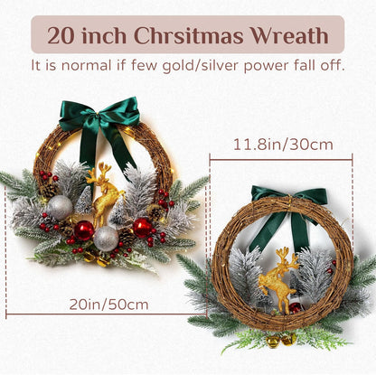 Christmas Door Wreath Lighted Xmas Wreaths - Walasis Winter Wreaths for Front Door Decor Outside Flocked Christmas Wreath Hanging with Lights for Wall