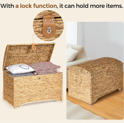 Handwoven Storage Basket with Lid, 178L Wicker Storage Bin, Natural Water Hyacinth, Leather Buckle & Metal Frame, Metal Ring Handles for Easy Transport, Storage Chest & Trunk for Bedroom, Living Room