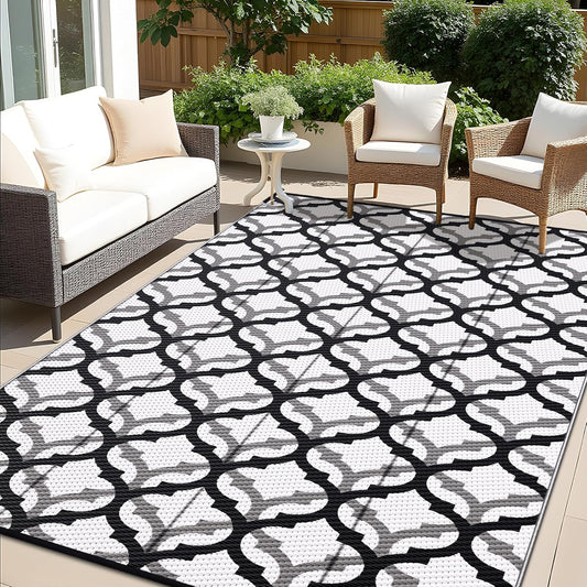 OLANLY Reversible Outdoor Rug 8x10 ft Clearance, Waterproof Outdoor Plastic Straw Rug with Interlacing Pattern, RV Mat for Patio, Camping, Balcony, Deck, Backyard, Black & White