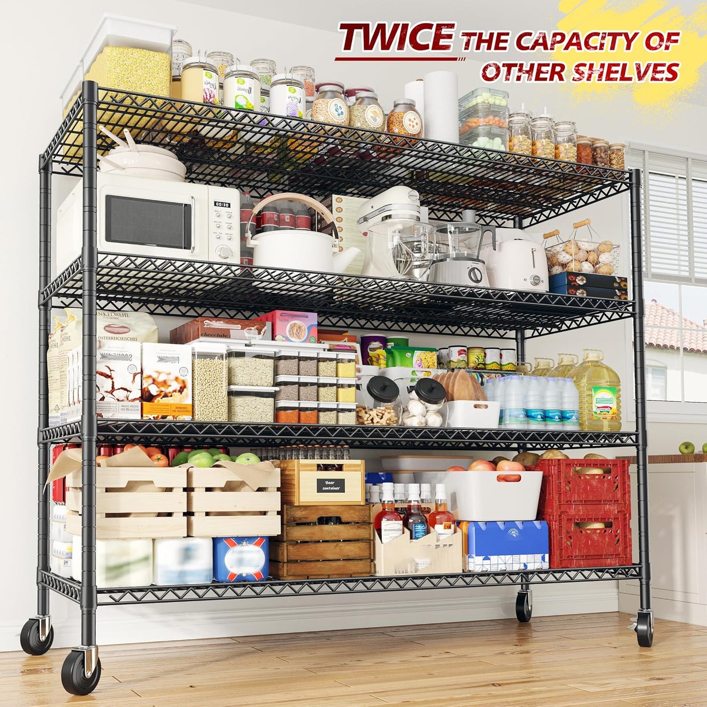 REIBII 75.6" H Storage Shelves Wire Shelving Unit with Wheels 2500LBS Garage Shelving Heavy Duty Metal Shelves for Storage Rack Adjustable Pantry Shelf Commercial Shelving, 75.6" H X 55.5''W X 24" D