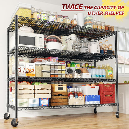 REIBII 55.5''W Storage Shelves 2500LBS Wire Shelving Rack with Wheels 75.6" H Heavy Duty Shelving Unit Adjustable Metal Shelves for Storage Rack Shelving for Kitchen Pantry 2PCS