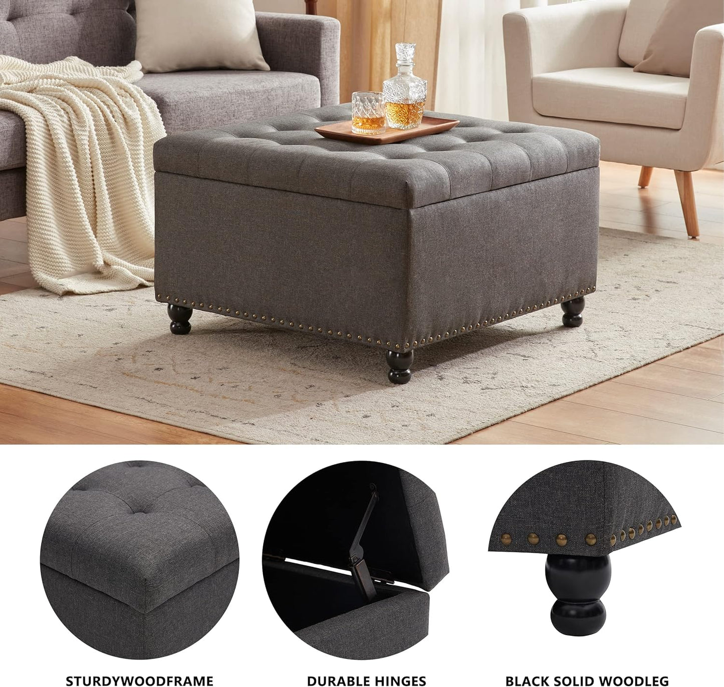 Tbfit Large Square Storage Ottoman Bench, ButtonTufted Upholstered Coffee Table Ottoman with Solid Wood Legs, Oversized Storage Ottomans Toy Box for Living Room (Light Grey)